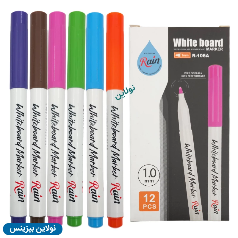 قیمت و خرید ماژیک وایت برد رنگی سر گرد رین Rain بسته 12 عددی کد R-106A | نولاین بیزینس