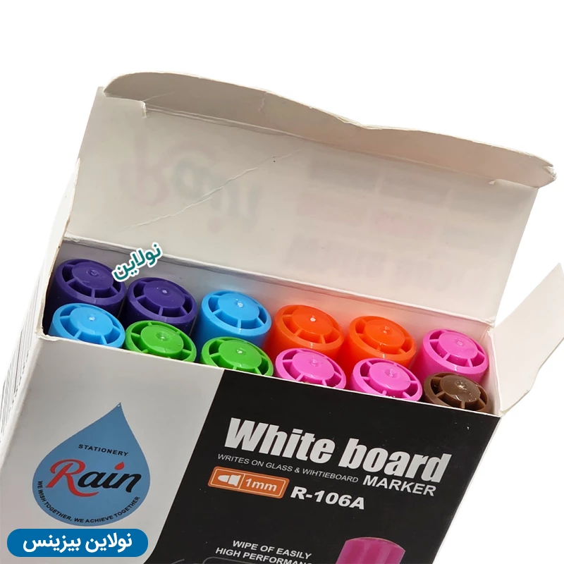 قیمت و خرید ماژیک وایت برد رنگی سر گرد رین Rain بسته 12 عددی کد R-106A | نولاین بیزینس