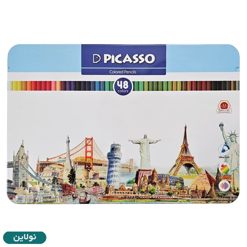 قیمت و خرید مداد رنگی 48 رنگ پیکاسو جعبه فلزی طرح جهان کد GOL48-T | نولاین