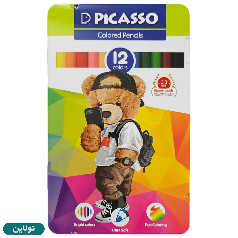 قیمت و خرید مداد رنگی 12 رنگ جعبه فلزی پیکاسو طرح خرس و گوشی کد GOL12-T | نولاین