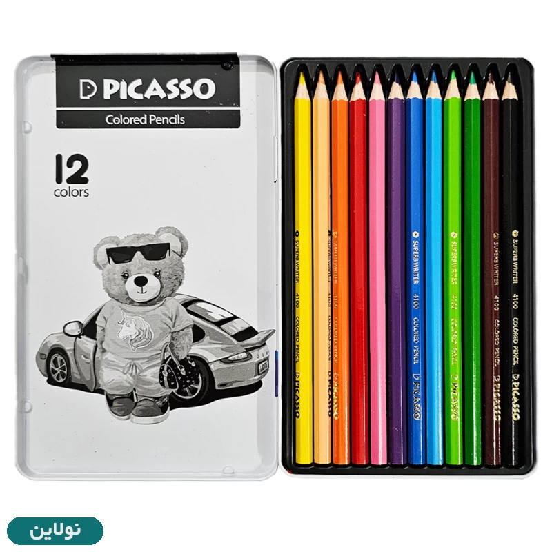 قیمت و خرید مداد رنگی 12 رنگ جعبه فلزی پیکاسو طرح خرس و ماشین کد GOL12-T | نولاین