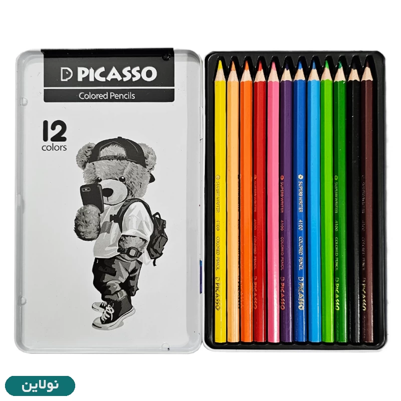 قیمت و خرید مداد رنگی 12 رنگ جعبه فلزی پیکاسو طرح خرس و گوشی کد GOL12-T | نولاین