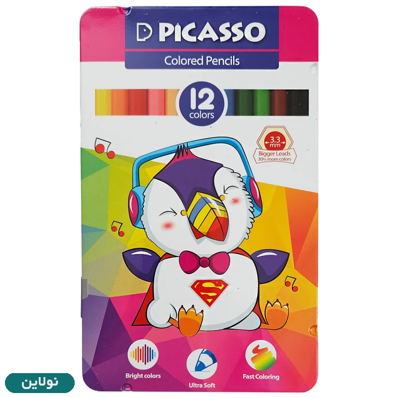 قیمت و خرید مداد رنگی 12 رنگ جعبه فلزی پیکاسو طرح طوطی قهرمان کد GOL12-T | نولاین