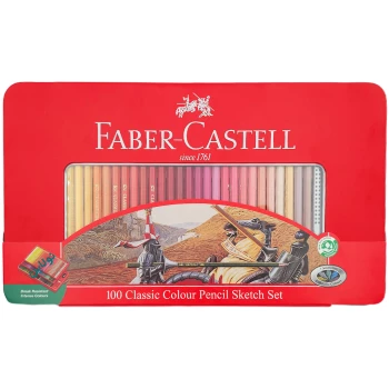 مداد رنگی 100 رنگ کلاسیک فابر کاستل جعبه فلزی به همراه تراش و پاک کن کد 115805 | نولاین