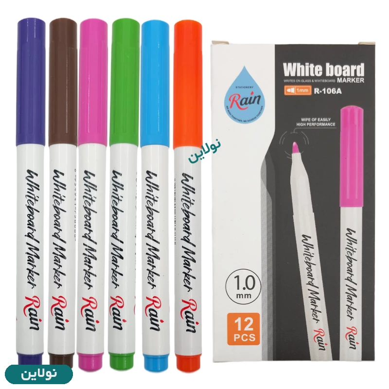 قیمت و خرید ماژیک وایت برد رنگی سر گرد رین Rain بسته 12 عددی کد R-106A | نولاین