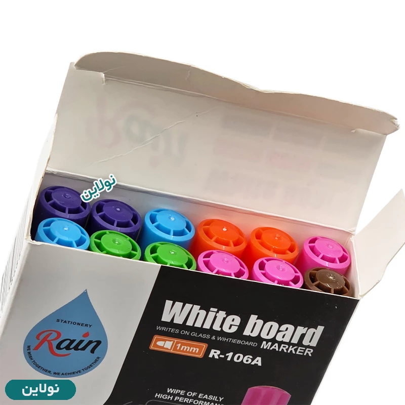 قیمت و خرید ماژیک وایت برد رنگی سر گرد رین Rain بسته 12 عددی کد R-106A | نولاین