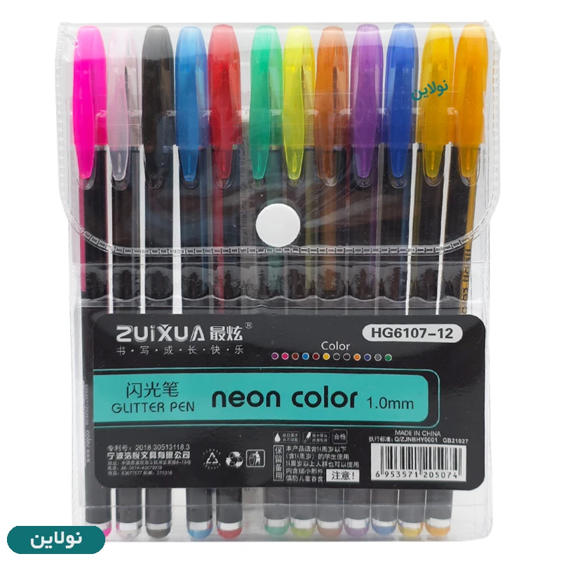 قیمت و خرید خودکار اکلیلی 12 رنگ Zuixua ضخامت 1 میلی متری مدل neon glitter pen کد HP6107-12 | نولاین